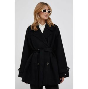 Vlněný kabát Tommy Hilfiger černá barva, přechodný, oversize